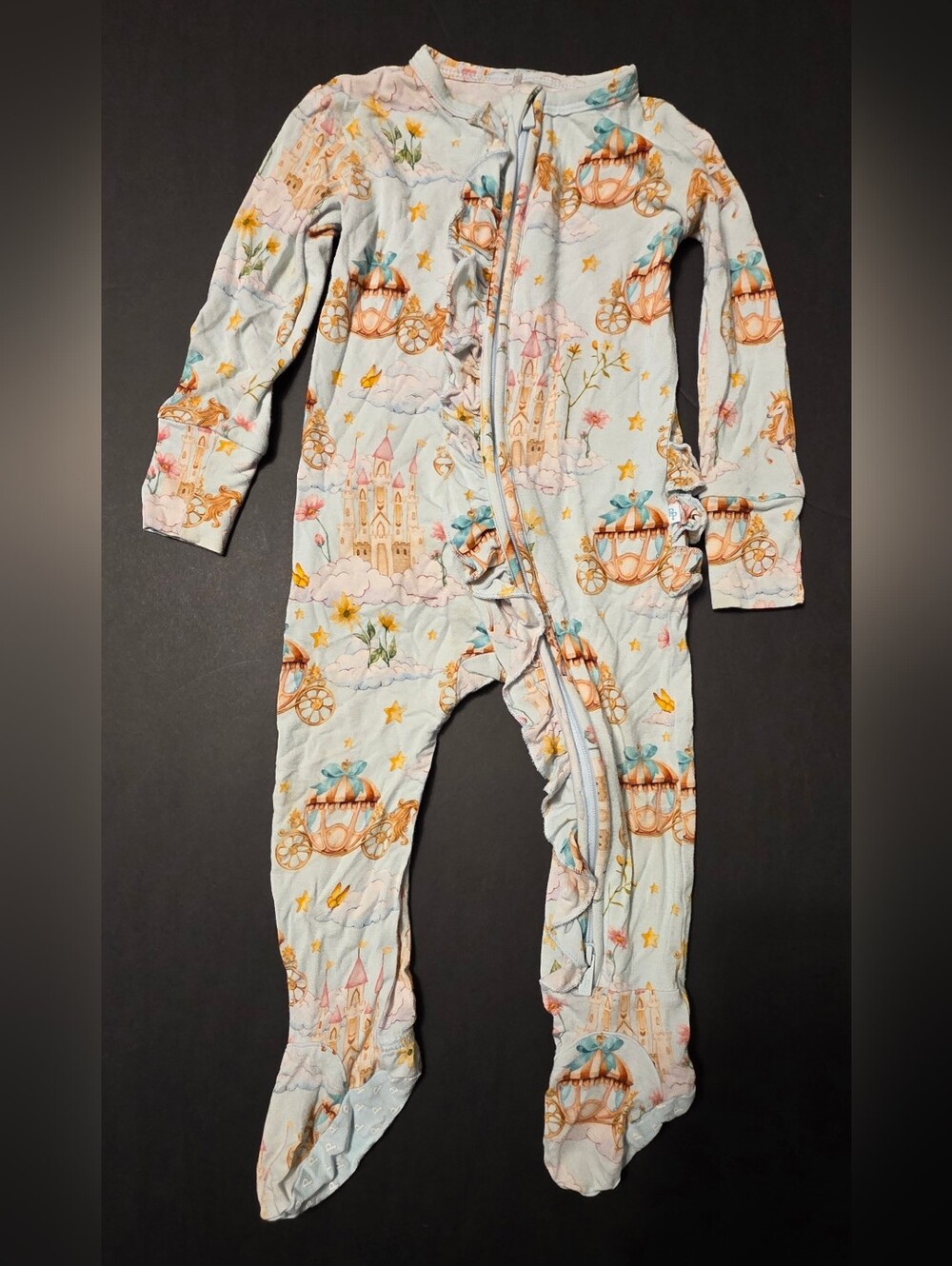 Posh Peanut Light Blue Castle & Carriage Ruffle Footed Pajamas - Picture 4 of 6